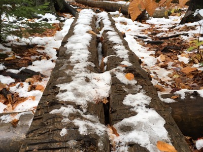 Firm log bridge. Icy snow on top. Near Cardigan Mountain